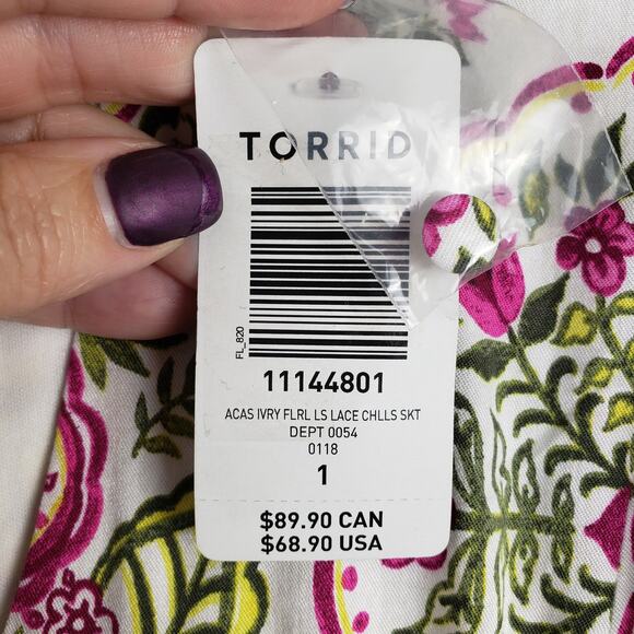 Torrid Women's 1X Keyhole Challis Skater Dress Pink Green Micto Floral New - Picture 10 of 11